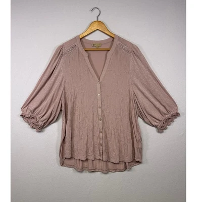 Boho Cottagecore Democracy Womens 2X Rose Floral Embroidered Button Front Blouse - Image 1 of 4