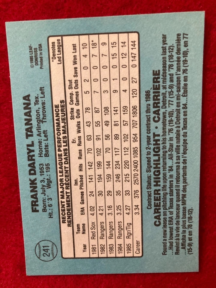 Frank Tanana 1986 Leaf Detroit Tigers #241 SIGNED Autographed Card - Image 4 of 4