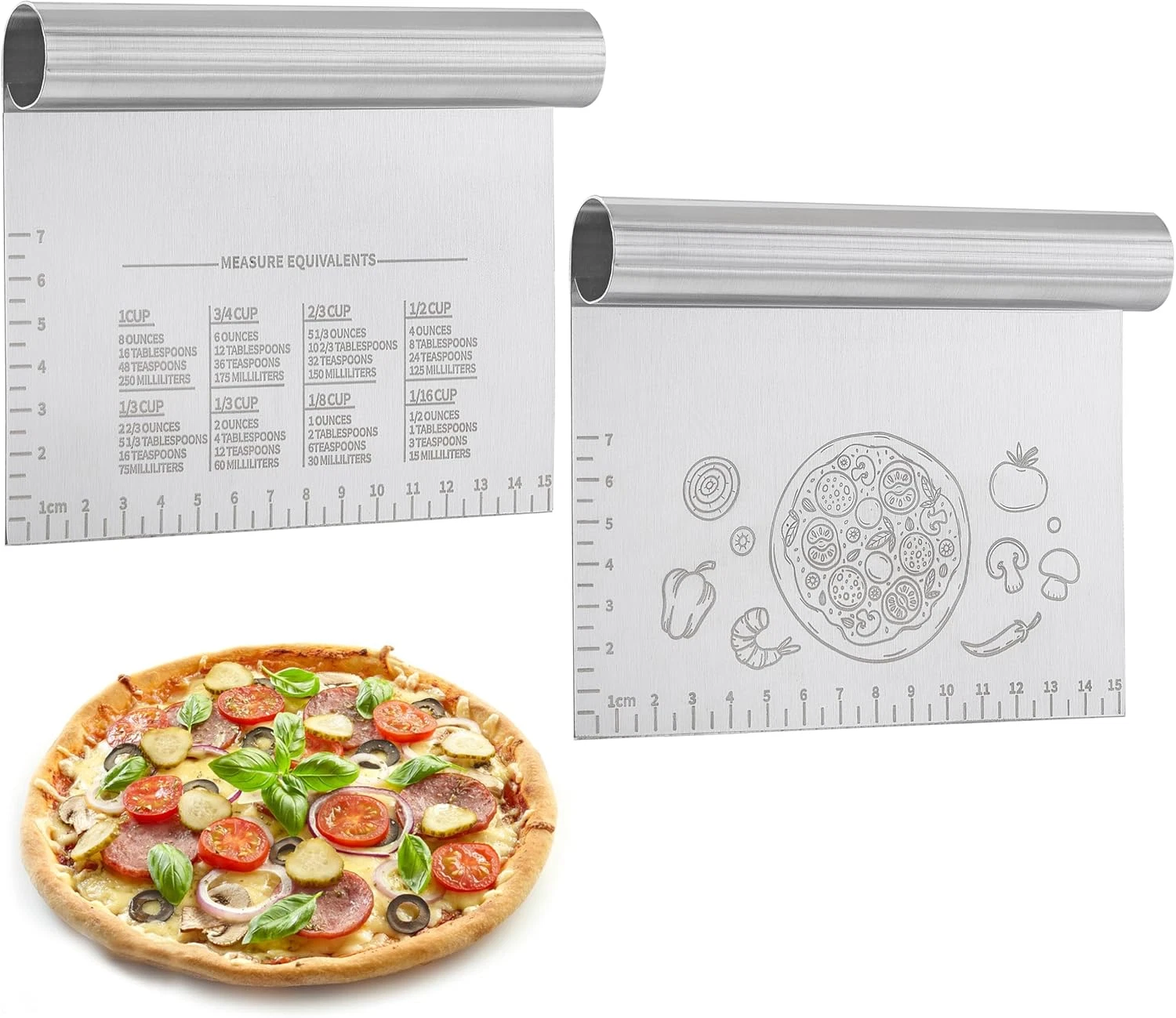 2PCS Bench Dough Scraper Cutter, Stainless Steel Kitchen Food Scraper Chopper w