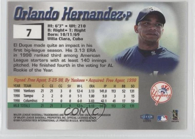 1999 Fleer Mystique Gold Orlando Hernandez #7 - Image 2 of 2