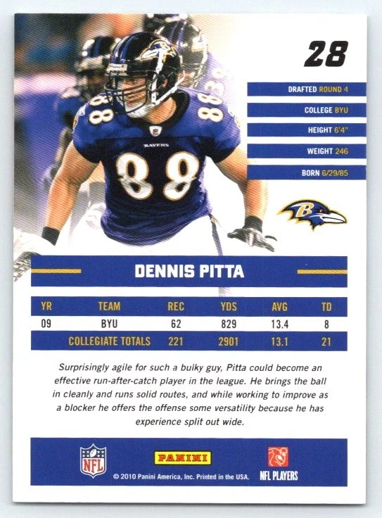2010 Donruss Rated Rookies Dennis Pitta #28 Baltimore Ravens - Image 2 of 2
