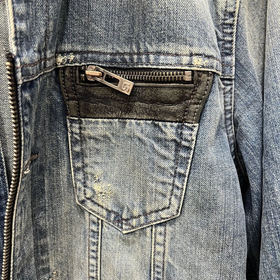 Rogue Mens Denim Leather Destroyed Thrashed Distressed Jacket Grunge Biker Sz S - Image 4 of 4