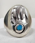 Vintage Navajo (Signed R) Sterling Silver Bear Claw Turquoise Men's Ring Sz: 14