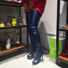 Women Thigh High Boots Platform High Heels Side Zipper Over Knee Shoes Size 4-20