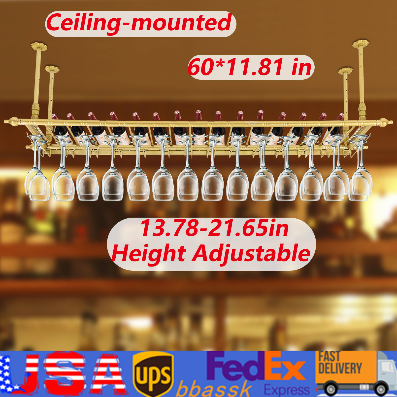 143lbs Hanging Wine Bar Wall Rack Glass Bottles Holder Adjustable Goblets Stand