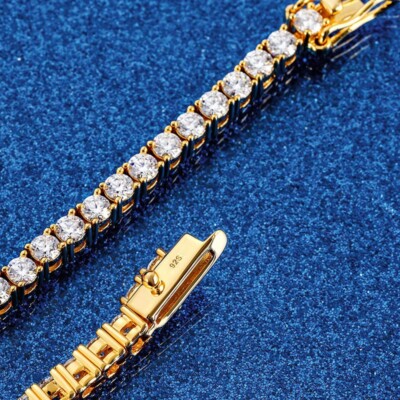 【美品】ゴールドカラー テニスブレスレット S925 S925 Silver 6.35 ctw Moissanite 3mm Tennis Bracelet in 18K Gold