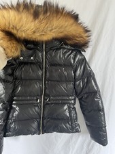 Immaculate Zara Size M Black Shiny Down Puffer Coat Fur Hood Warm Winter Jacket