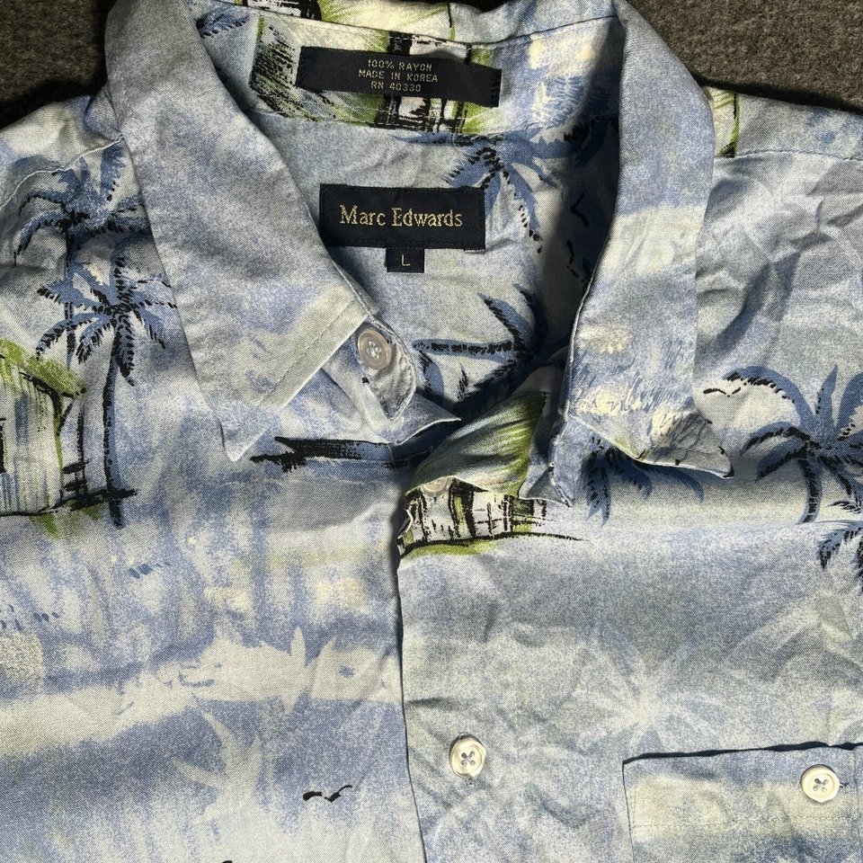 Marc Edwards Men's Hawaiian Button Shirt Size Large Beach Hut Palm Tree Surfer L - Image 2 of 4