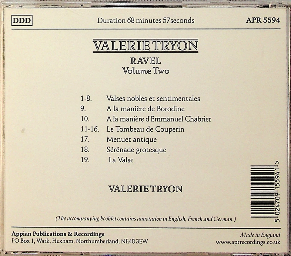 Valerie Tryon- Ravel Piano Works Vol.2 CD (Valses Nobles/Tombeau/Menuet etc) - Image 3 of 3