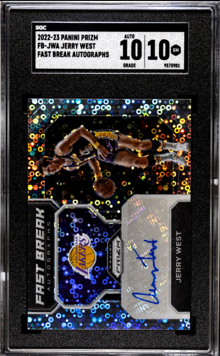 Jerry West #FB-JWA Basketball Cards 2022 Panini Prizm Fast Break Autographs trading card — raw and PSA graded price guide