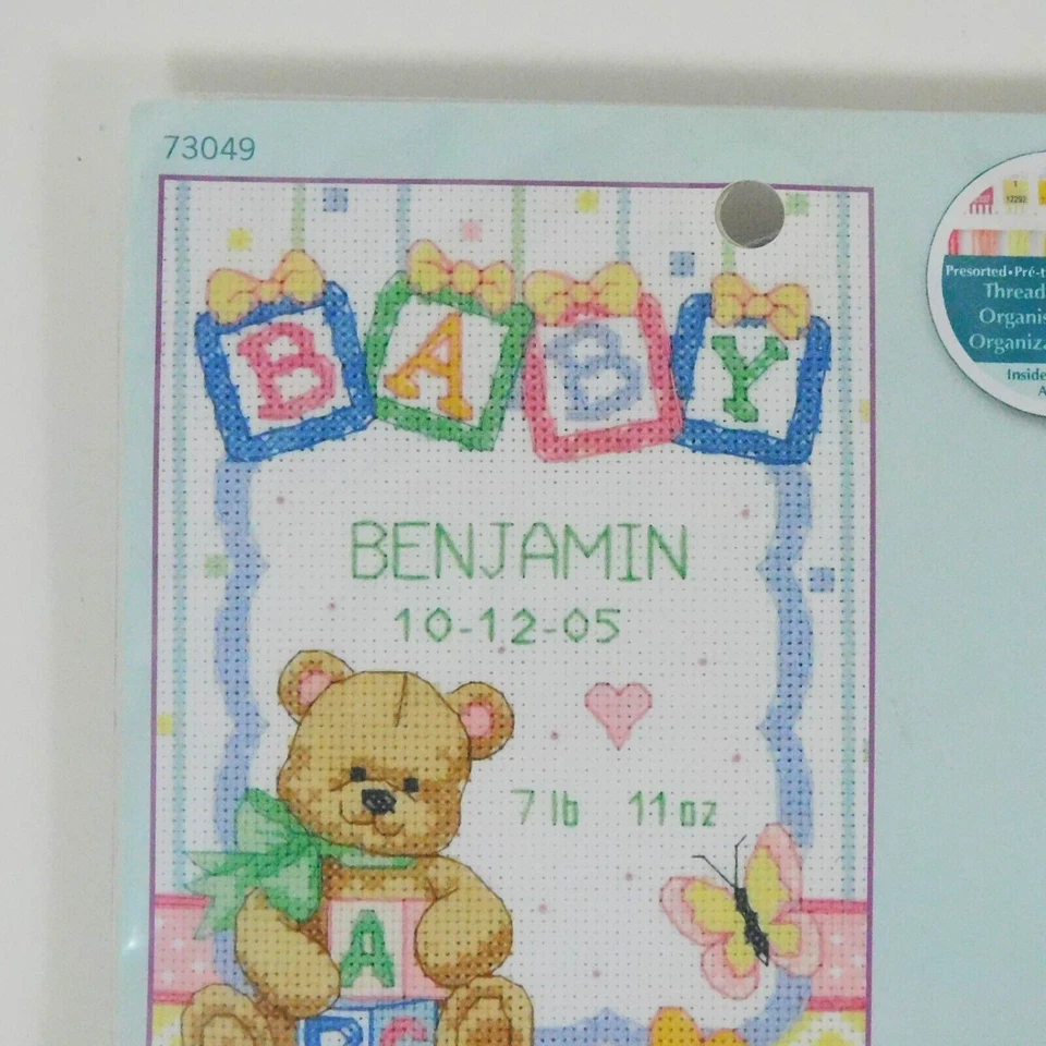 Dimensions Baby Blocks Birth Record Cross Stitch Kit 5x7 Blocks Bear Pre Sorted - Image 3 of 4