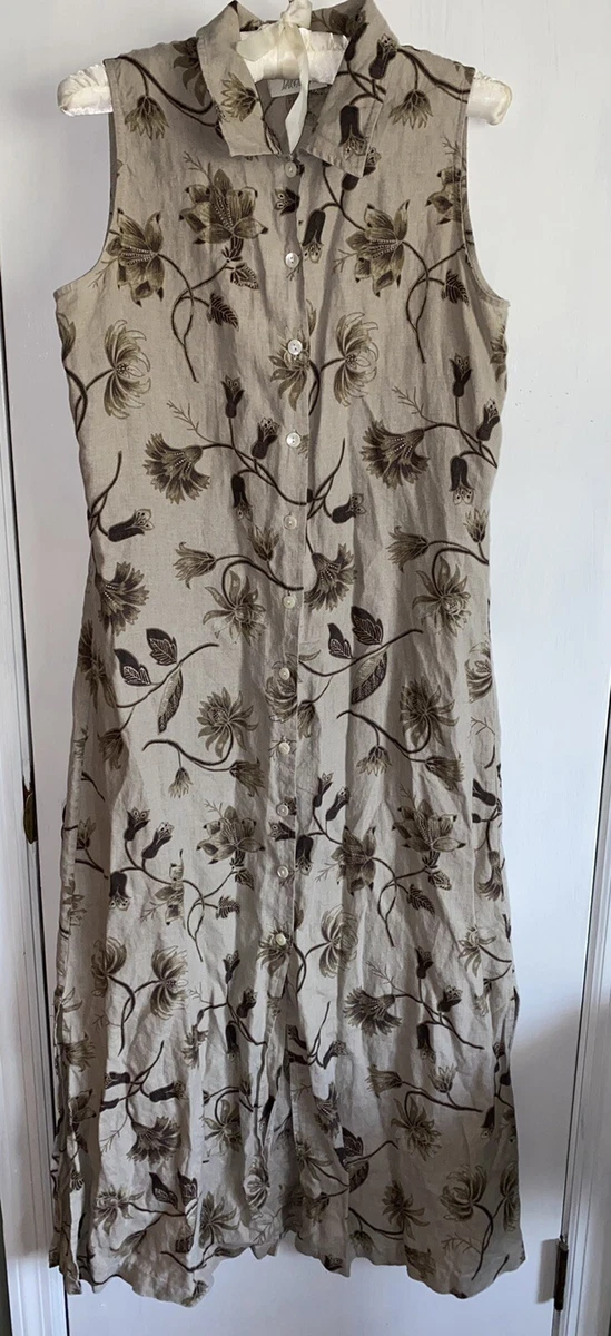 Exclusively For You Lord Taylor linen Dress brown floral sleeveless Button  Vtg