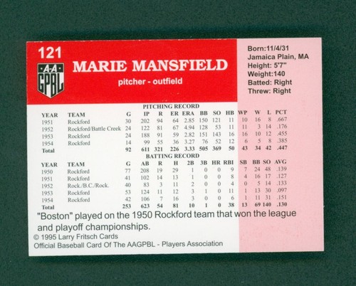 1995 Fritsch AAGPL Signed Baseball Card - #121 Marie Mansfield - Signed, MINT - Picture 2 of 2