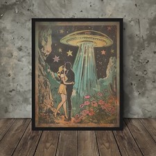 Listing image for ALIEN LOVERS Wall Art, Retro UFO Sci-fi Poster, Flying Saucer Cryptid Flower Art