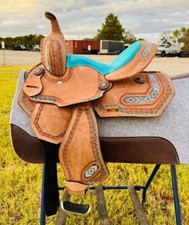 Youth Kid Western Leather Horse Barrel Saddle Suede Seat Beaded Border