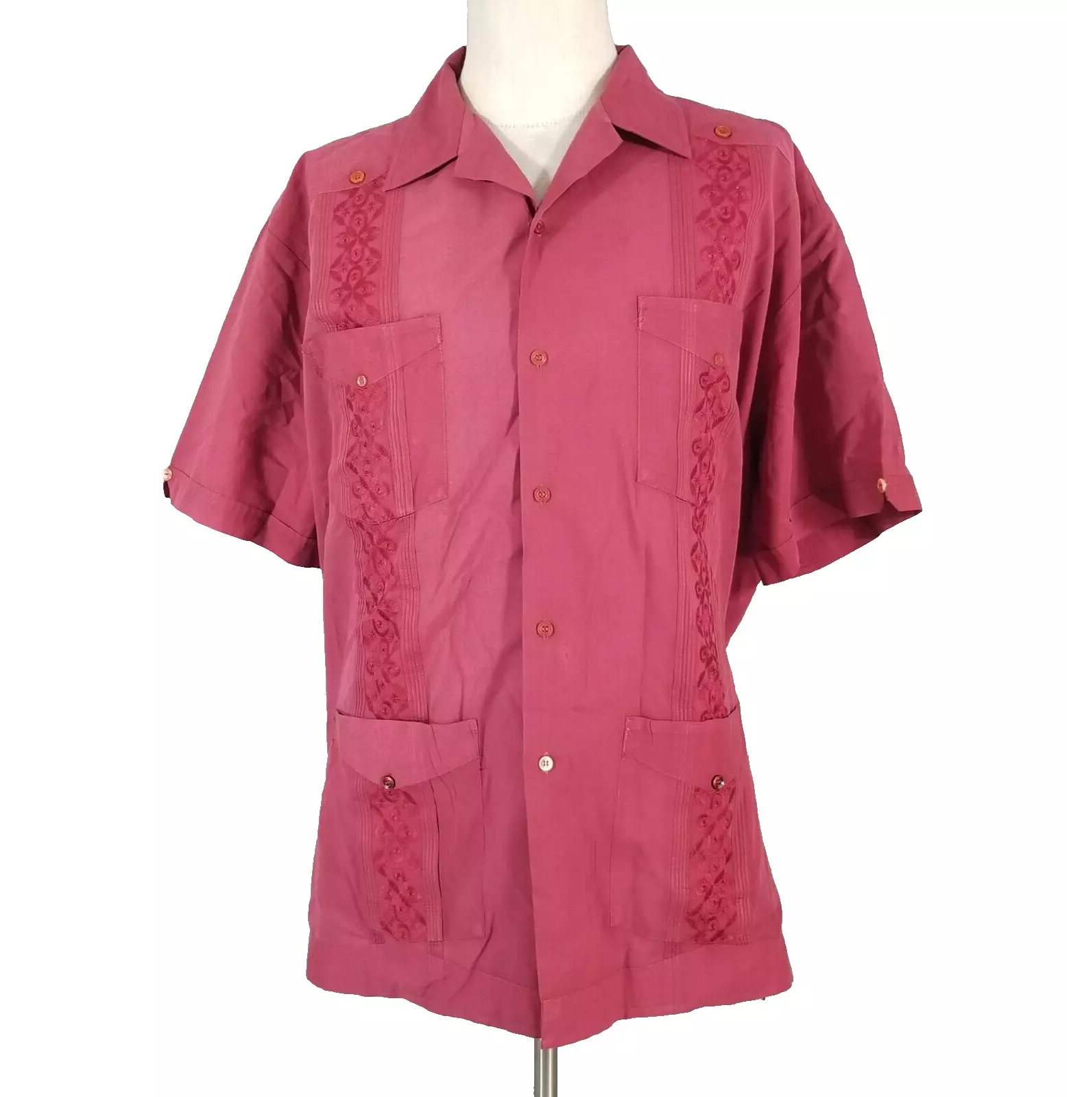 Chemise Supreme Guayabera homme 2xl xxl rouge manches courtes brodée défaut tropical