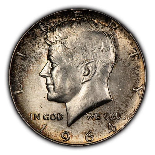 1964 50c Kennedy Silver Half Dollar - Speckled Rainbow Toning - BU - SKU-H2456