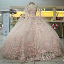 Pink Princess Ball Gown Quinceanera Dress Cape Beaded Appliques Tull Party Gowns