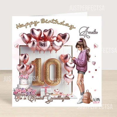 JUST_PERFECTSA 10th Birthday Card, Rose Gold Balloon Card, Personalised tenth girls card