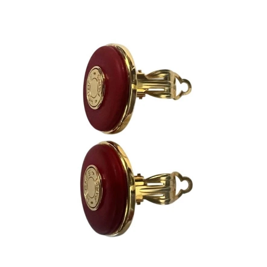 Auténticos Pendientes Hermès Vintage Clip-On Cuero Rojo Foto 3 de 4