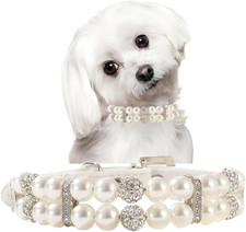 White Pearl Cat Collar, Bling Pearl Dog Collars  Fancy Diamond Rhinestone Small D