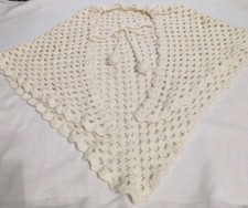 Handmade Ivory Crochet Triangle Scarf Shawl Wrap w/ Pom-Poms Tie Front