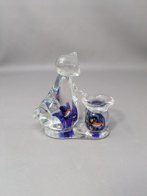 Blown Art Glass Hungry Kitty Cat & Fish Bowl Paperweight Figurine