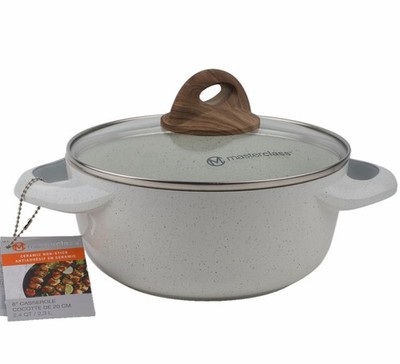 Masterclass Ceramic Non Stick 8'' Casserole Pan Pot with Lid 2.4 qt Off White