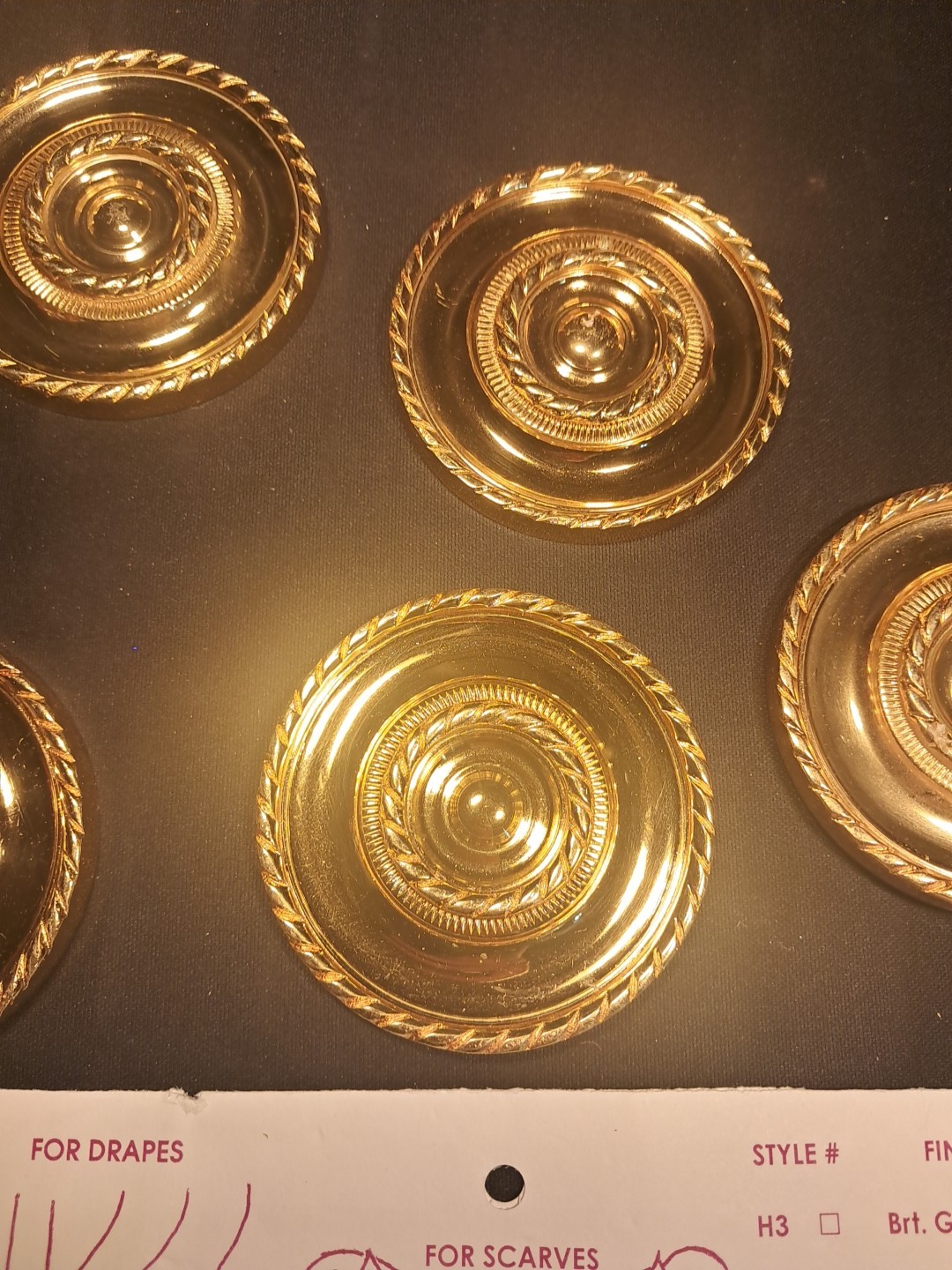 5  Vintage Brass Medallion Round Curtain Tie Backs 3 3/8” long 3" Diameter
