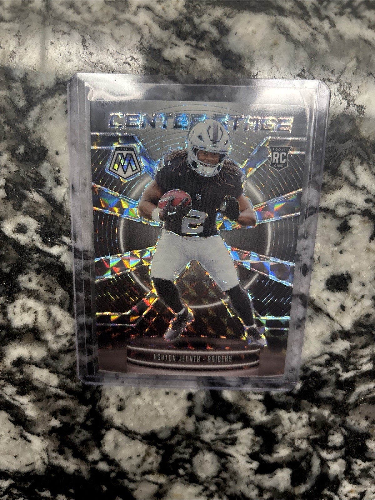 2025 Panini Mosaic Ashton Jeanty Silver Prizm Center Stage #11 RC Raiders