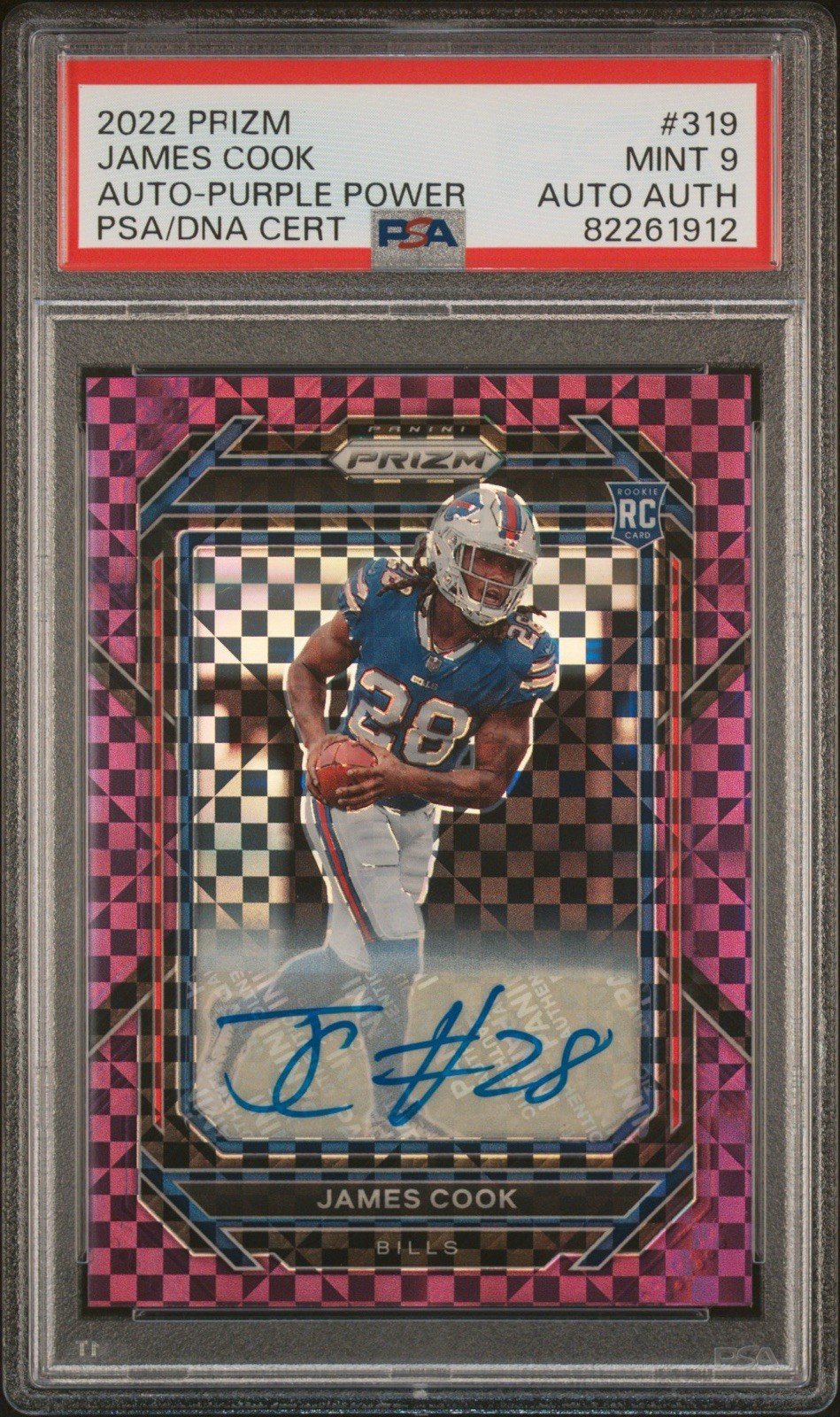 #319 James Cook 2022 Panini Prizm RC, Rookie Auto #/49 Bills Purple Power Pop 1