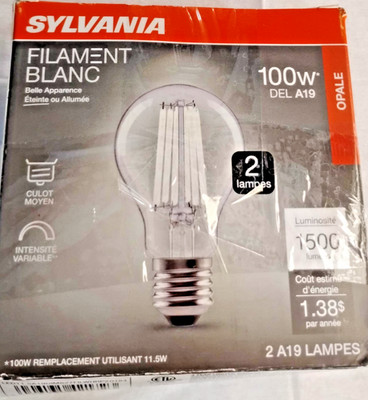 SYLVANIA A19 White Filament LED Light Bulbs (2-Pack) 100W Equivalent, 11.5W