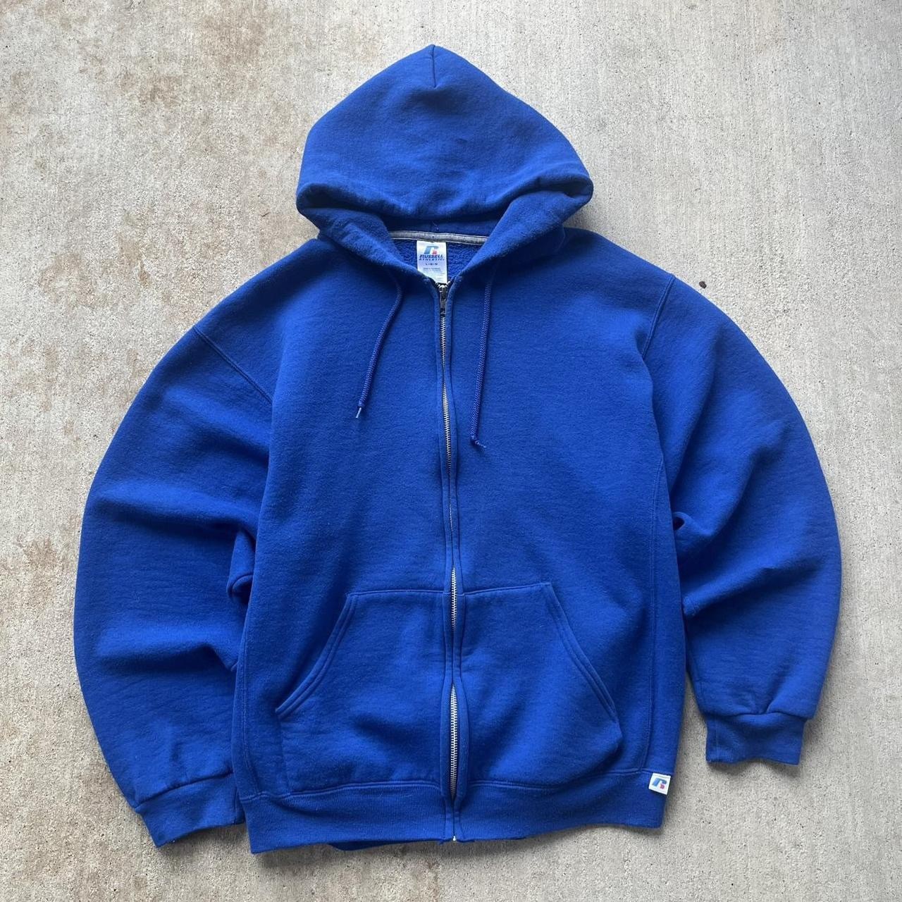 Vintage 90s Russell Athletic Blank Full Zip Hoodie Sweatshirt Blue Size large