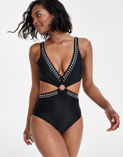 Bar III Women Tell Me About It Stud One Piece Swimsuit Black/Silver Size L