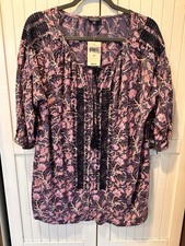 NWT Lucky Brand Shirt Sleeve Tie Neck Embroidered Floral Purple Peasant Top