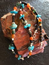 Navajo Treasures Necklace Kingman Turquoise Orange Agate Bench Beads 925