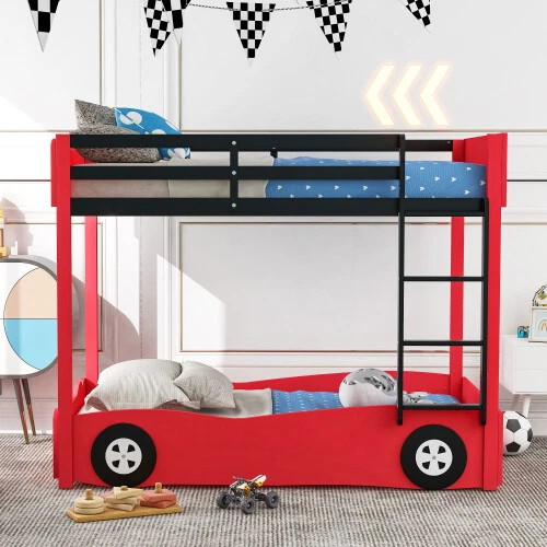Car-Shaped Platform Bed Kids Bunk Bed Wooden Floor Bed Frames for Girls Boys Red - Image 2 of 4