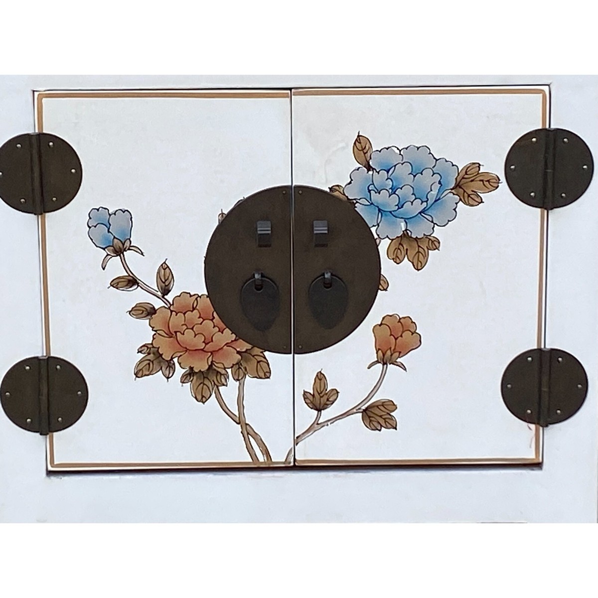 Chinese Off White Vinyl Moon Face Flower End Table Nightstand cs7130S Chinese Off White Vinyl Moon Face Flower End Table Nightstand cs7130S