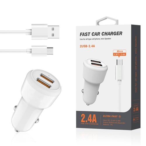 Reiko Micro Portable Car Charger With Built In Cable In White