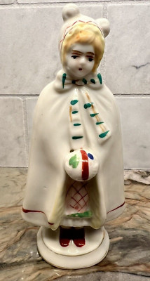 OCCUPIED JAPAN Girl in Long Cape, Muff, Hat w/Pom Pom FIGURINE Christmas Winter