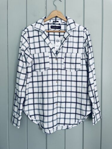 NWT Abercrombie Fitch Soft AF Flannel Shirt S Small White Blue Plaid Pink - Picture 1 of 5