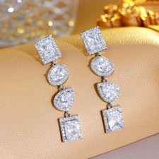 Chic Silver Plated Cubic Zirconia Dangling Drop Earrings for Women Wedding Bride
