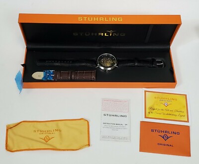 Stuhrling Original Skeleton Black Watch Polished Stainless Steel 