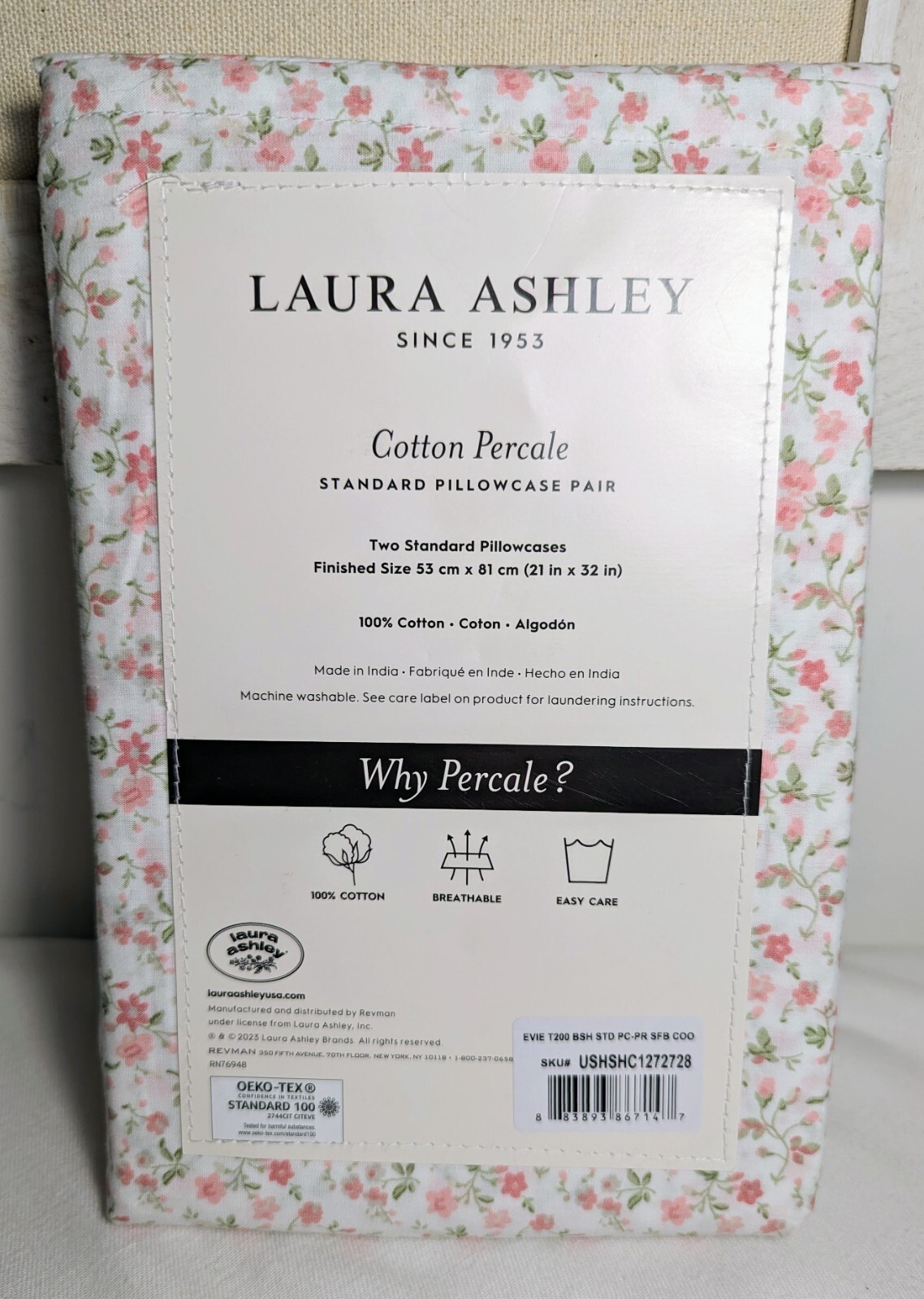 Laura Ashley Standard Pair (2) Cotton Percale Pillowcases Pink Floral