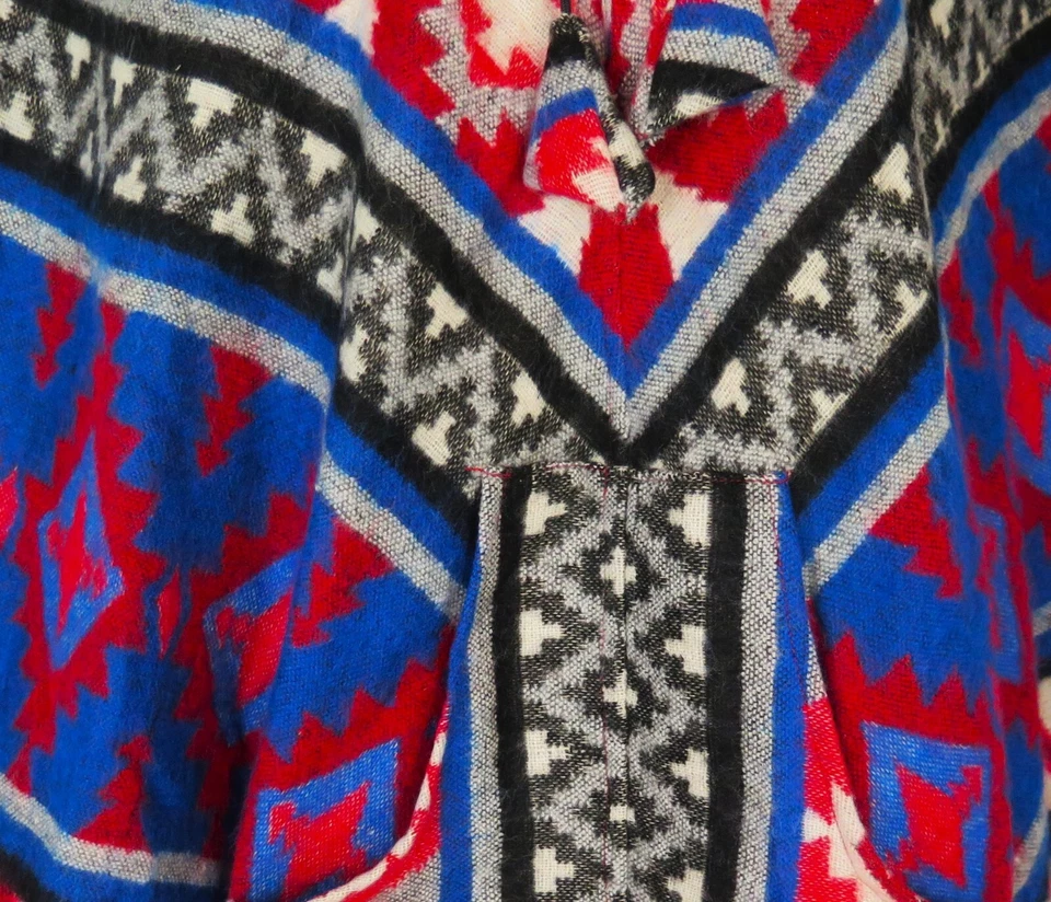 Пончо|2 кнопки| бахрома| капюшон + карман | богемное| ацтекское| шерстяная смесь яка|1 размер| синий - Изображение 4 из 4