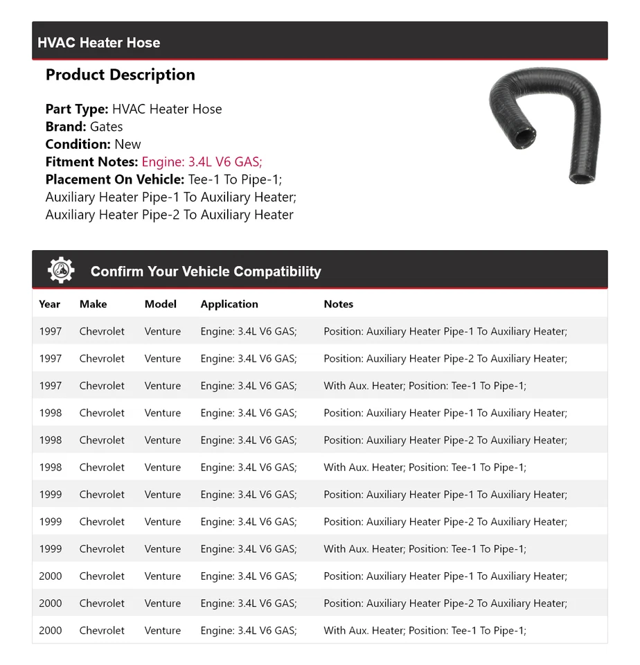 Portões de mangueira aquecedor HVAC a gás Chevrolet Venture 3.4L V6 1997-2000 1998 1999 - Imagem 2 de 4