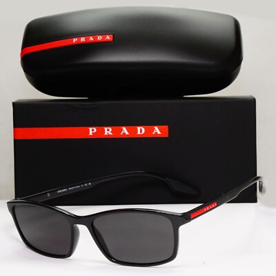 Prada Sonnenbrille schwarz rechteckig glänzend rote Streifen PS04MV VPS 04M 1AB-1O1 56mm