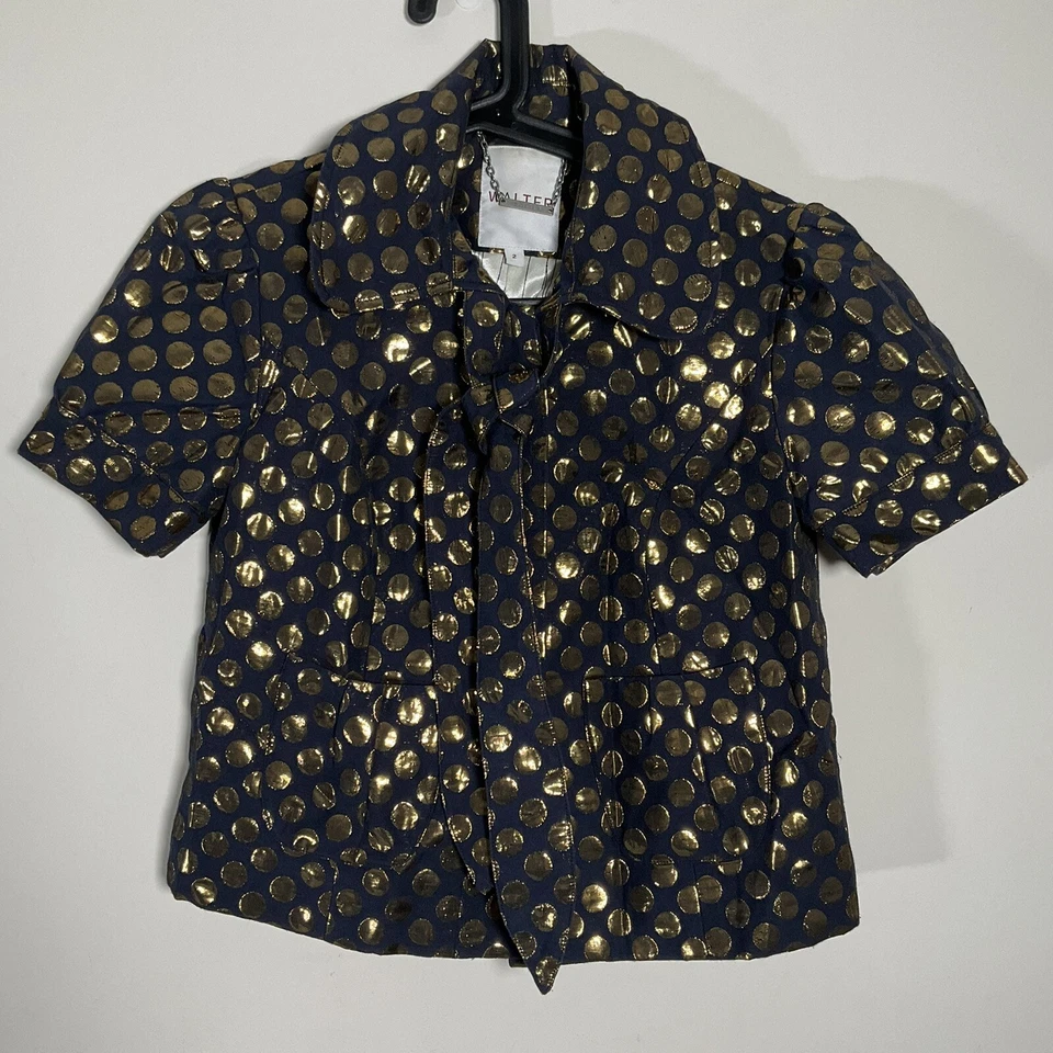 Walter Navy Gold Metallic Polka Dot Cropped Blazer Short Puff Sleeve Button Tie - Image 2 of 4