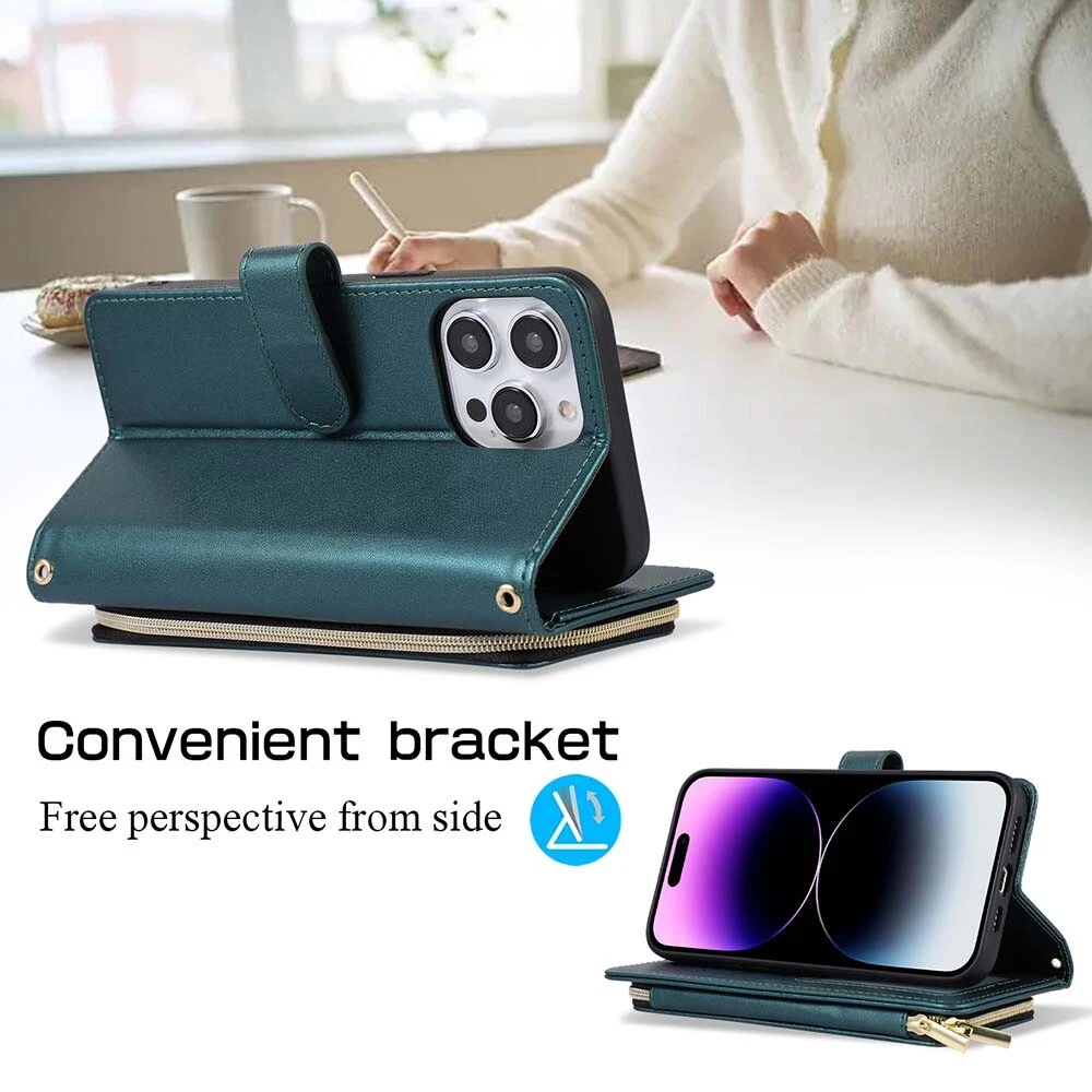 Durable Leather Zipper Flip Wallet Case for iPhone 15 Pro Max 14 13 12 11 XR