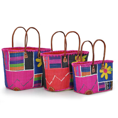 TRIS SET Borsa in paglia ricamata donna frange nuova grande vimini